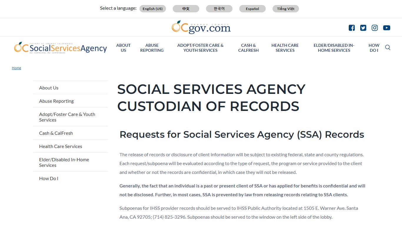 Social Services Agency Custodian of Records - Orange County, California